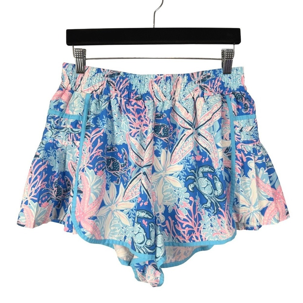 Simply Southern Women's Blue Pink Coral Sea Turtle‎ Starfish Pull On Shorts L